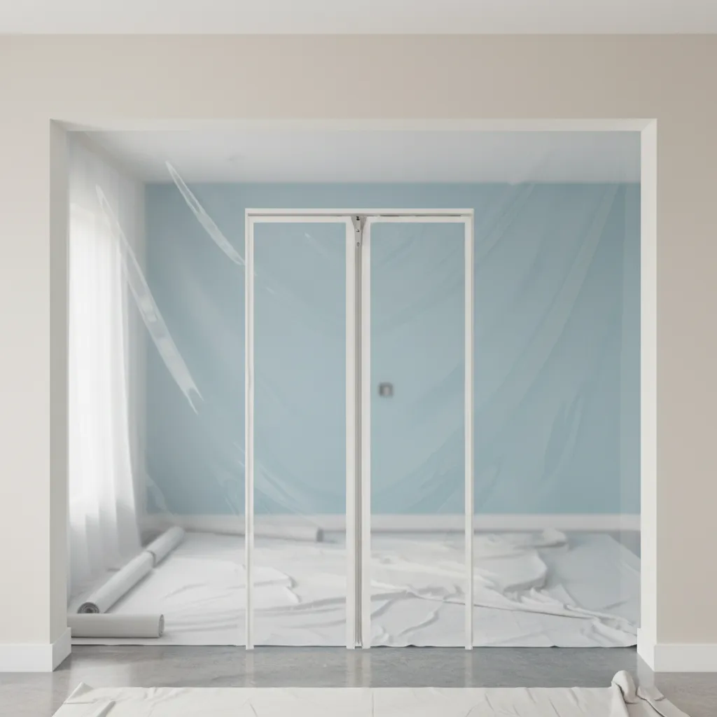 Plastic containment barrier separating renovation painting area