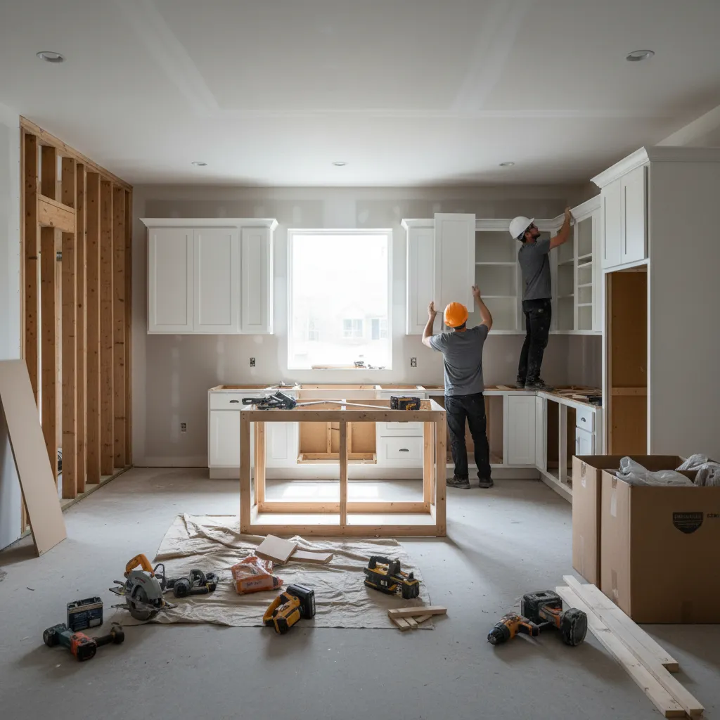 construction workers installing kitchen cabinets during renovation project
