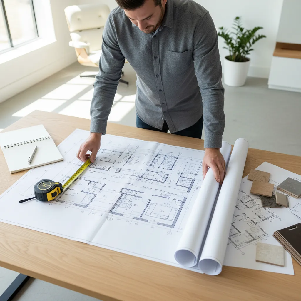 Homeowner reviewing renovation layout plans and documents before submitting grant application