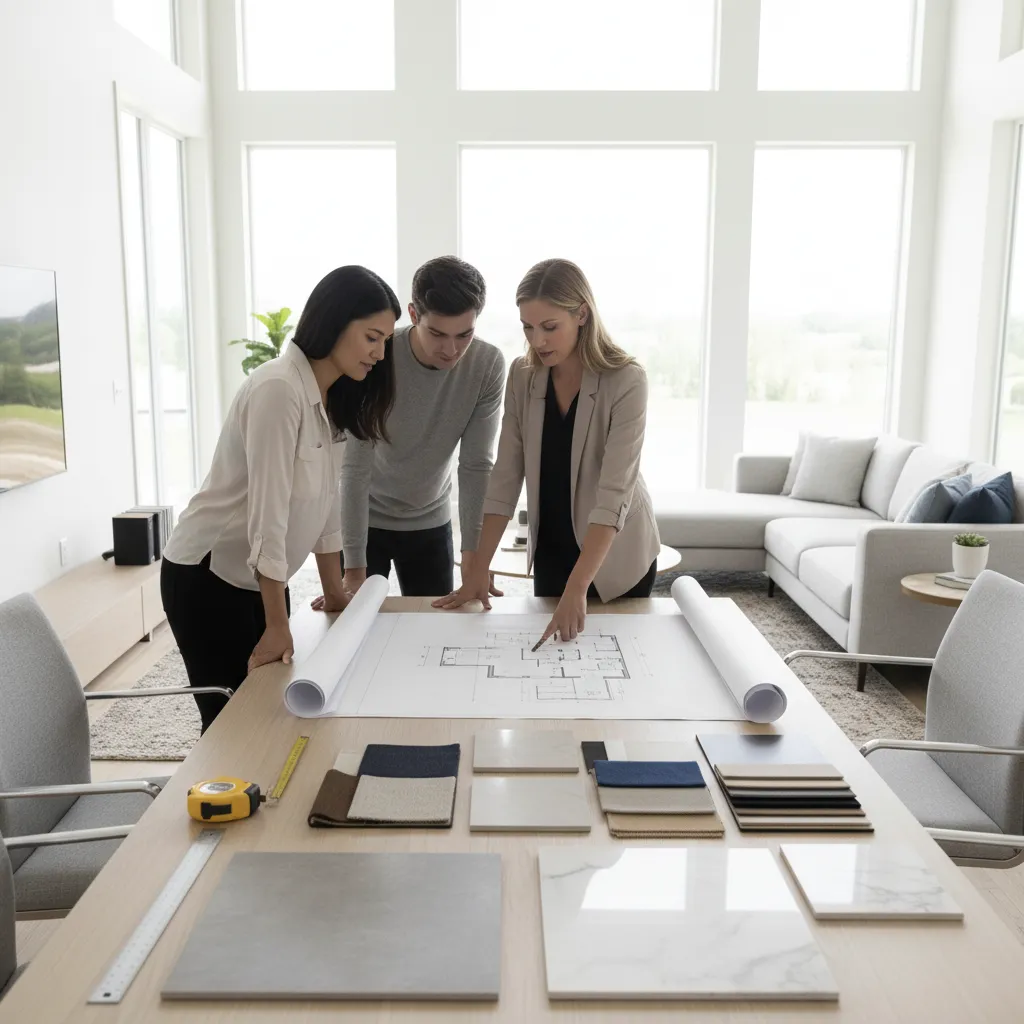 Home renovation planning meeting with floor plans and interior design samples