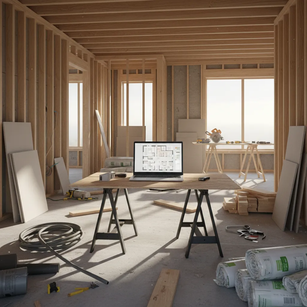 Laptop displaying renovation floor plan inside an unfinished house under construction