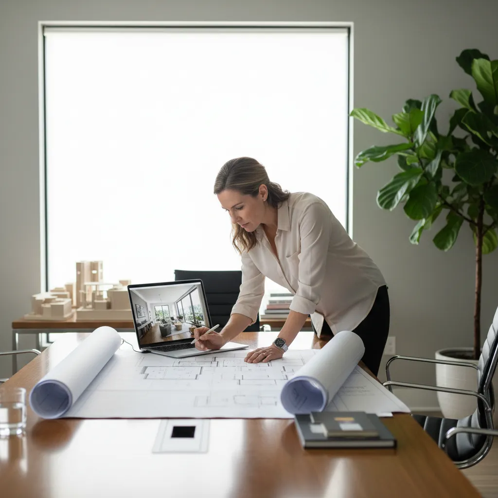 homeowner reviewing renovation layout plans on table