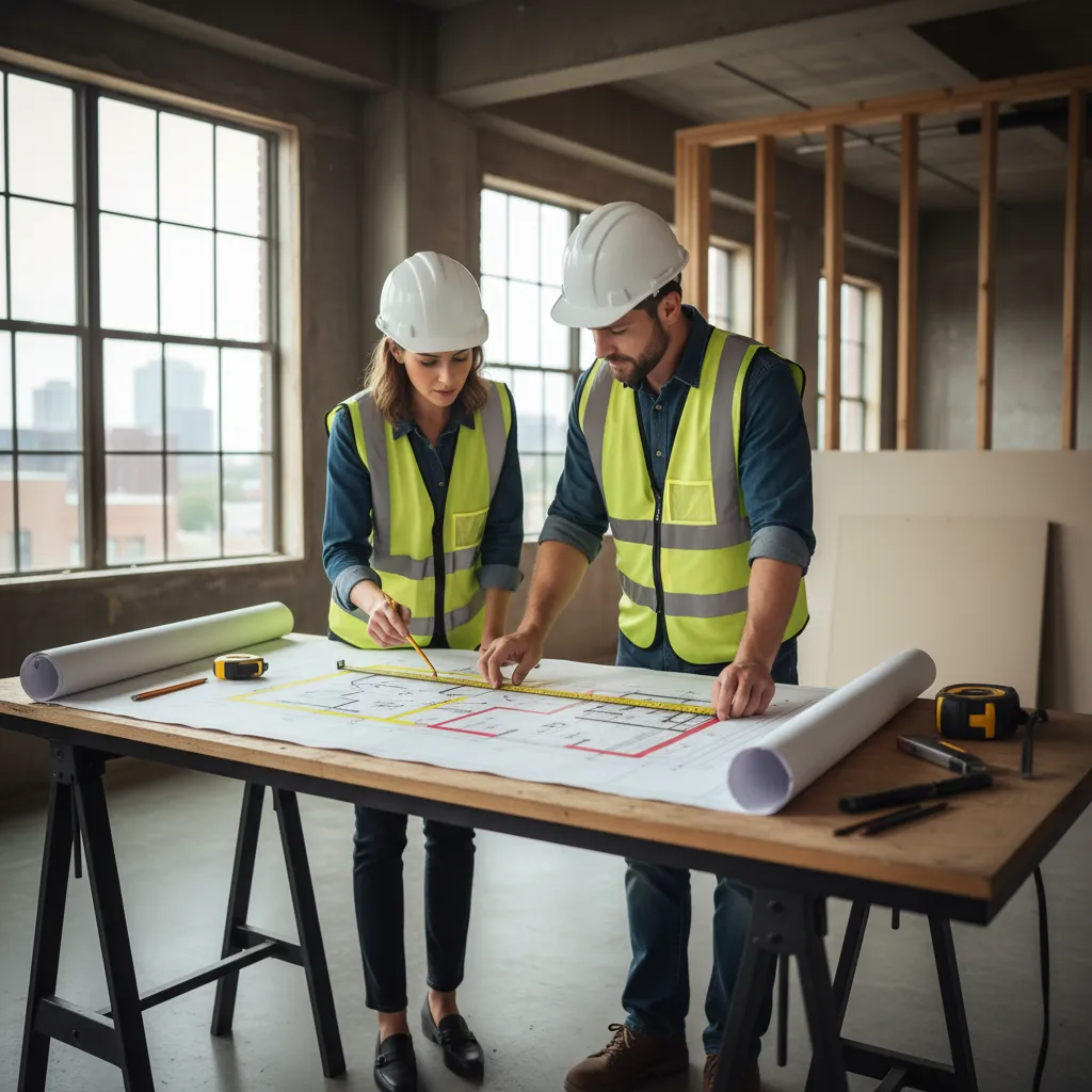 Contractor reviewing blueprint to identify load bearing walls during home renovation planning