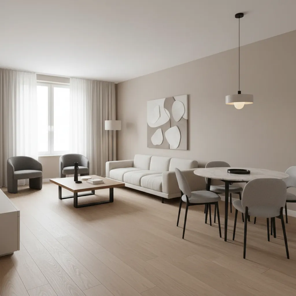 Renovated rental apartment interior with durable vinyl plank flooring