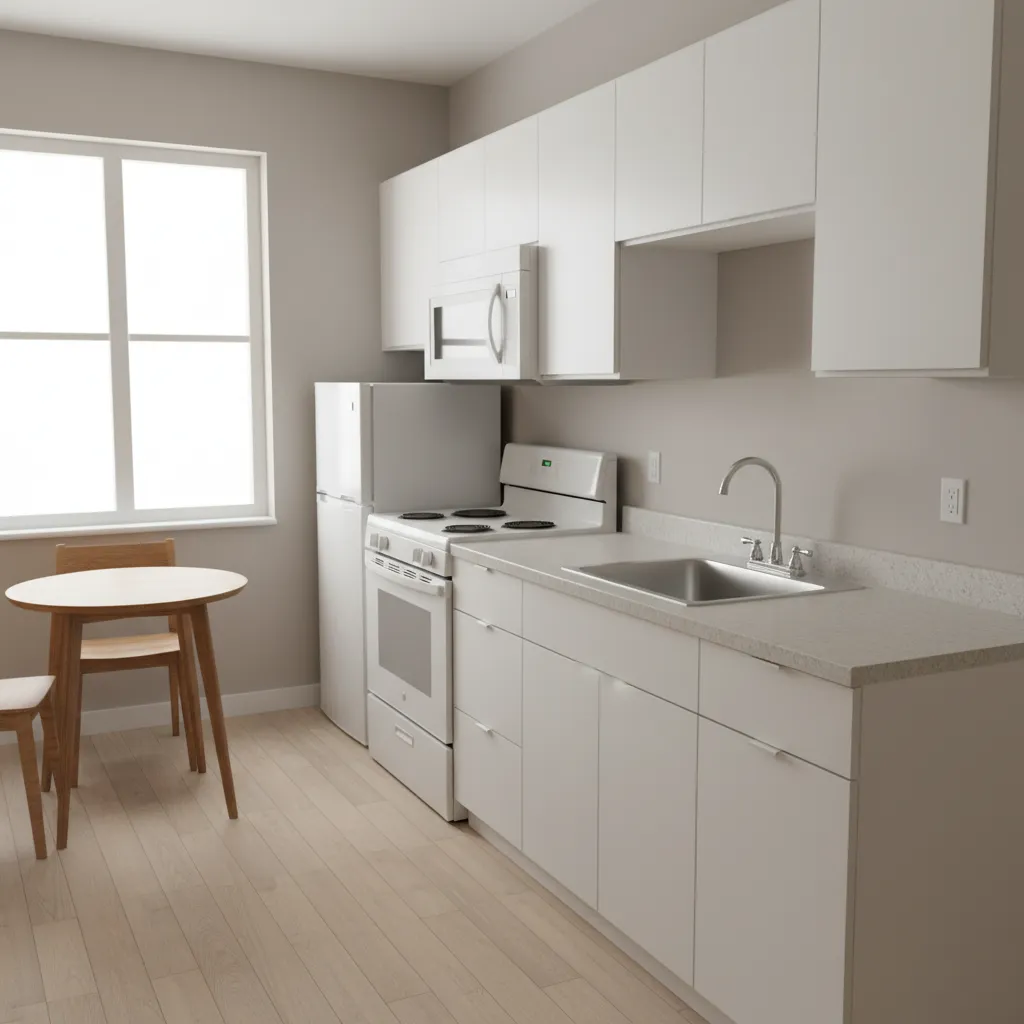 Simple rental property kitchen upgraded with neutral cabinet skins