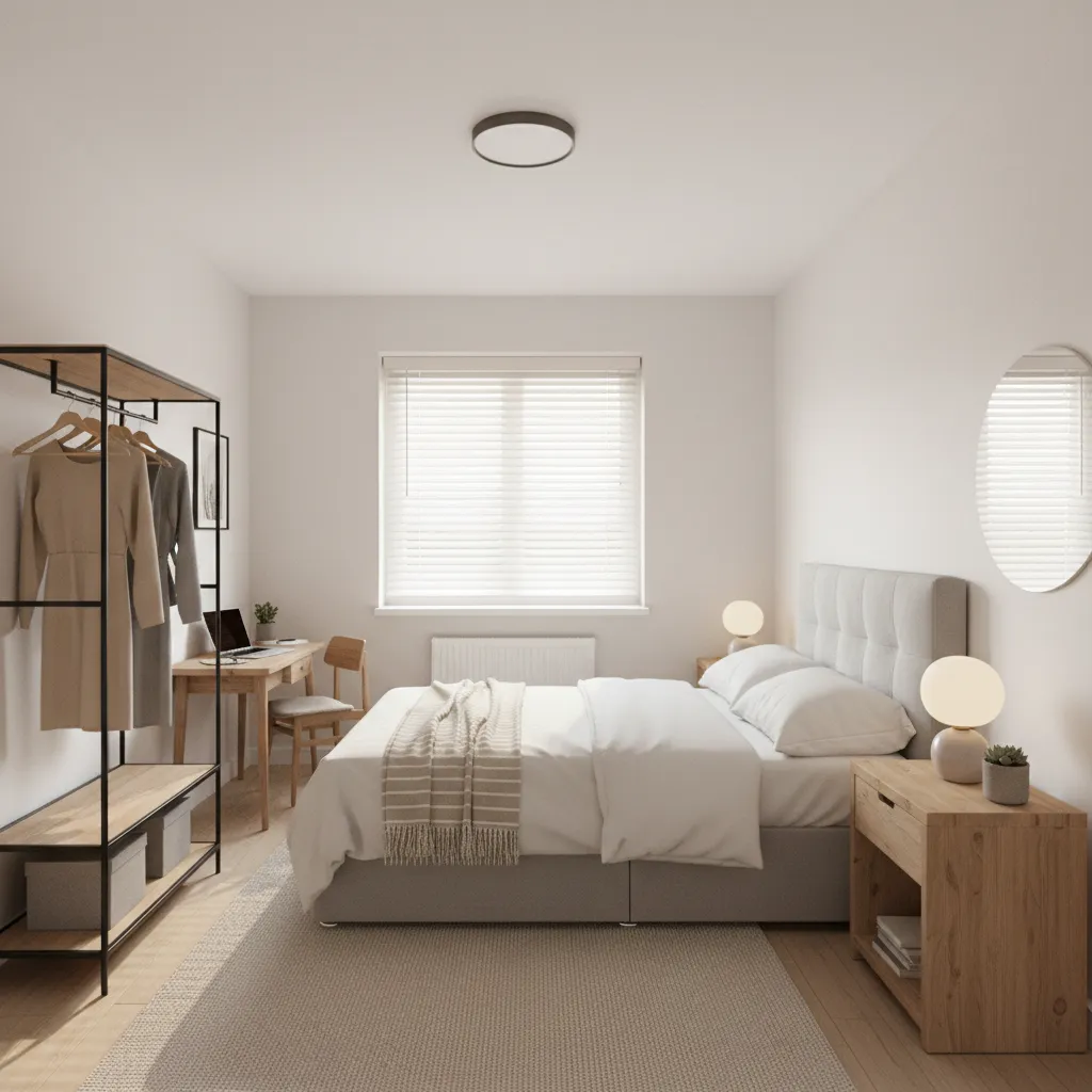 Small rental room with iron wardrobe storage unit