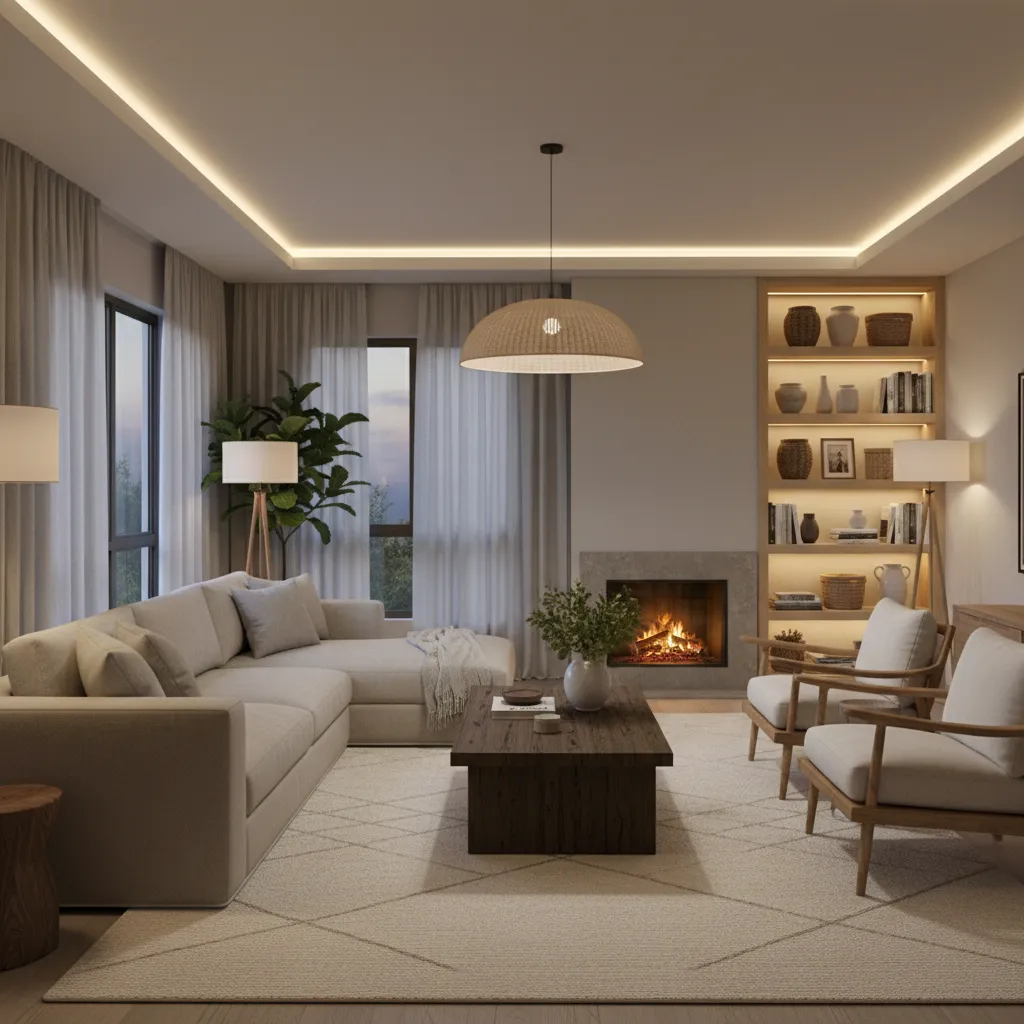 Salón moderno bien organizado con iluminación cálida y distribución equilibrada