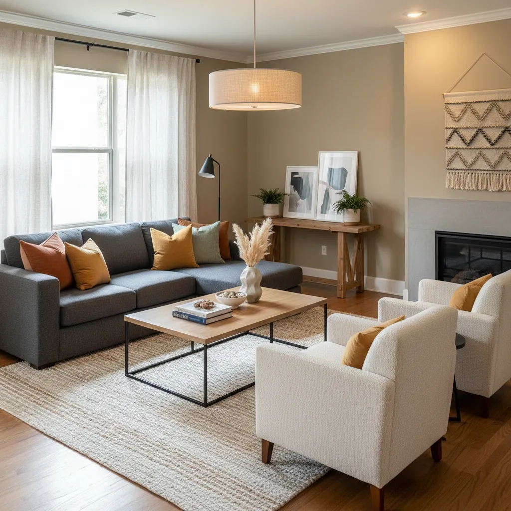 Salón bien distribuido con iluminación cálida y muebles proporcionados