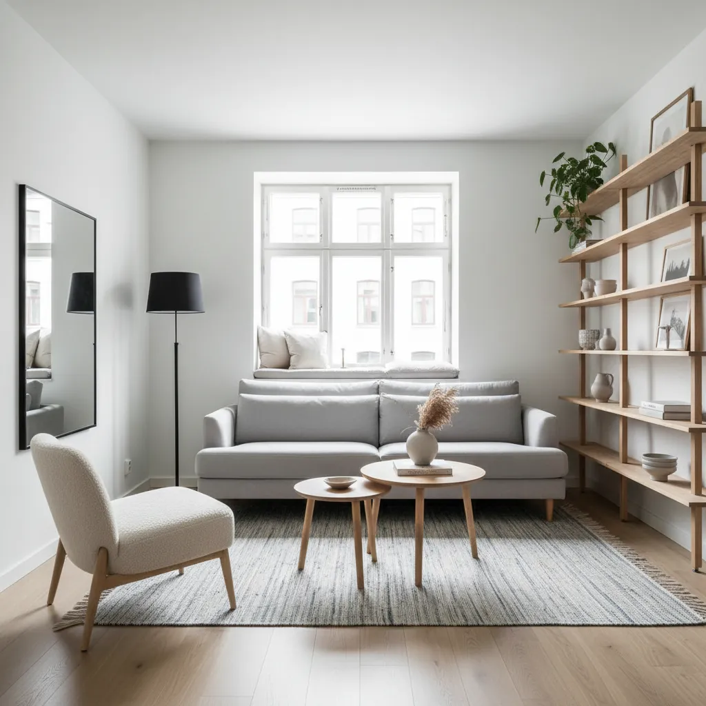 Minimalist living room with grey sofa, wooden shelving, white armchair, floor lamp, and natural light