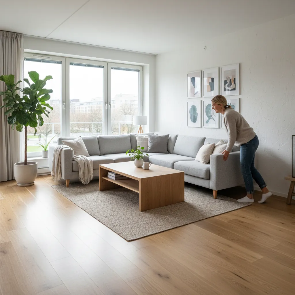 Persona moviendo muebles en un salón para probar una nueva distribución