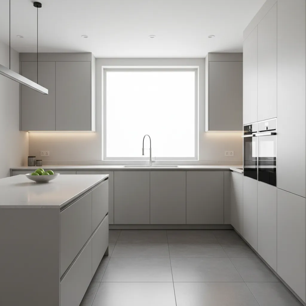Modern minimalist kitchen with grey cabinets large center island bright window white countertops and ovens