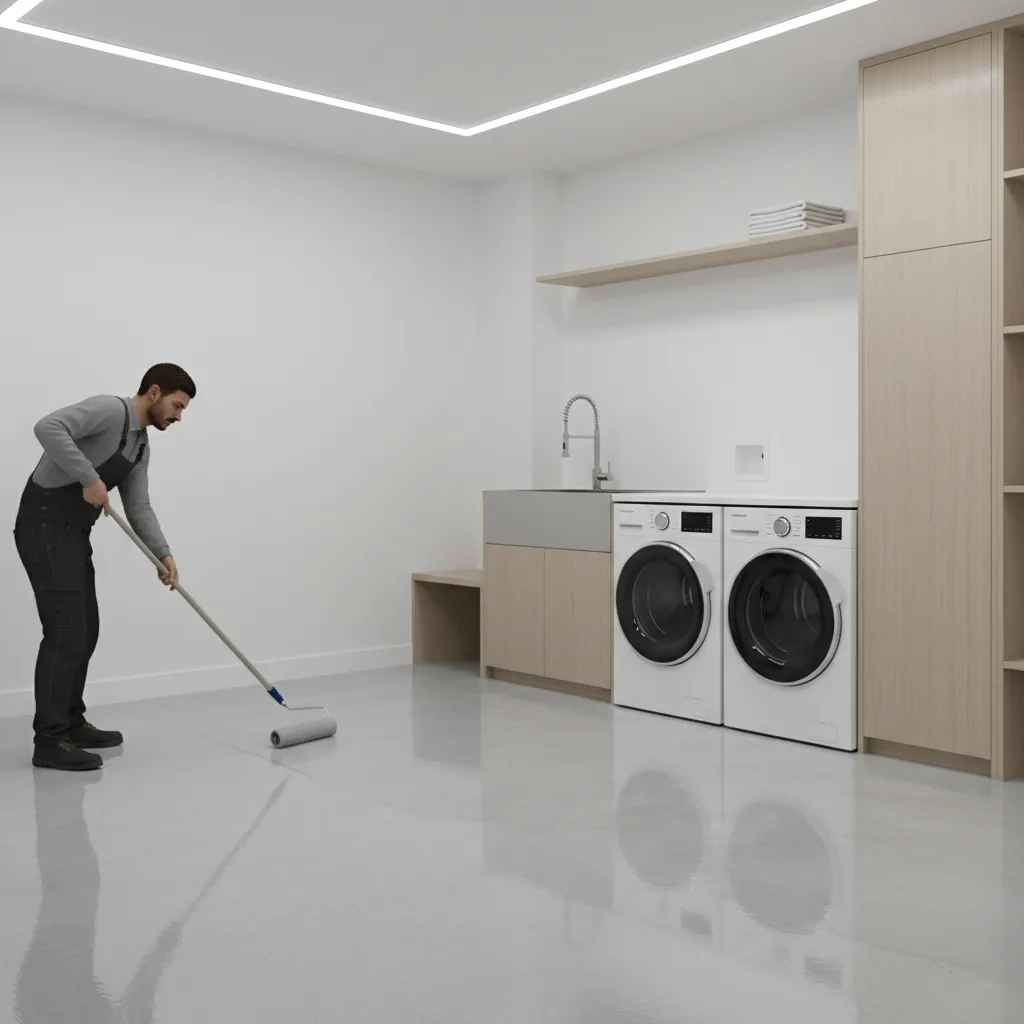 Applying fresh floor paint coating to repaired concrete laundry room floor