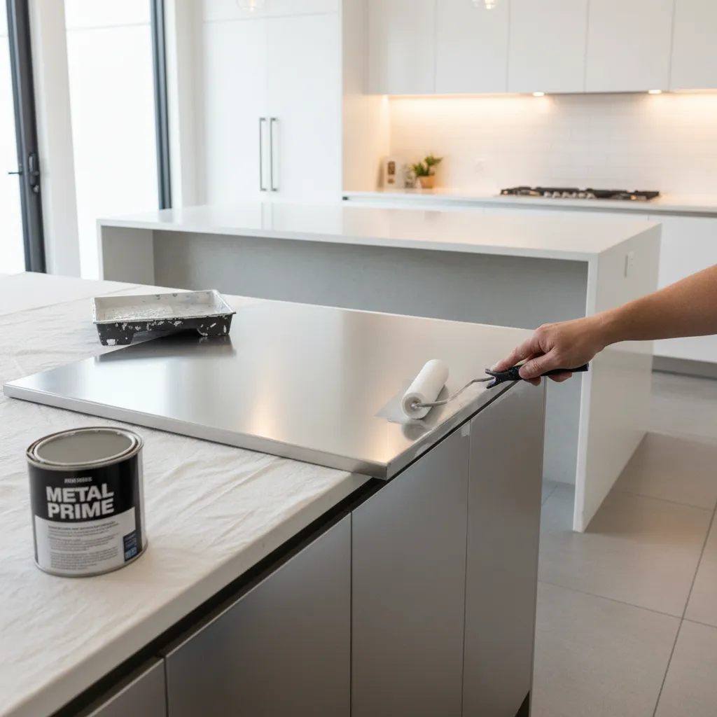 painting repaired metal kitchen cabinet with rust resistant primer