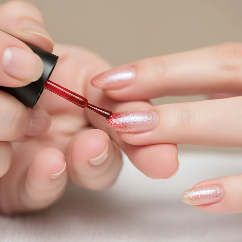 repairing chipped nail polish art with detail brush and top coat