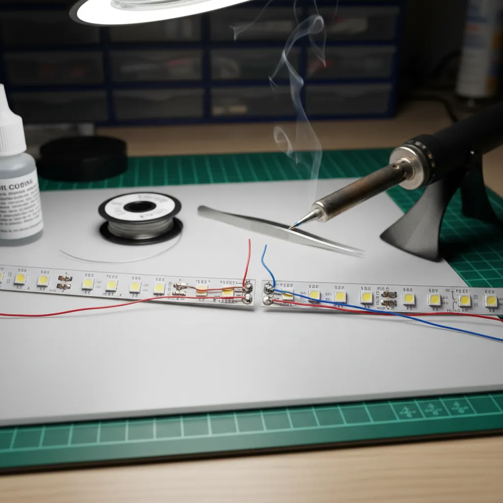 Two LED strip lights connected by wires on a desk with a smoking soldering iron