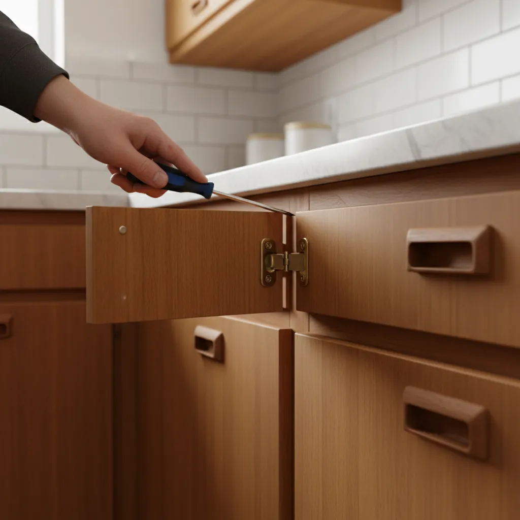 repairing sagging cabinet door hinge in an older wooden kitchen cabinet
