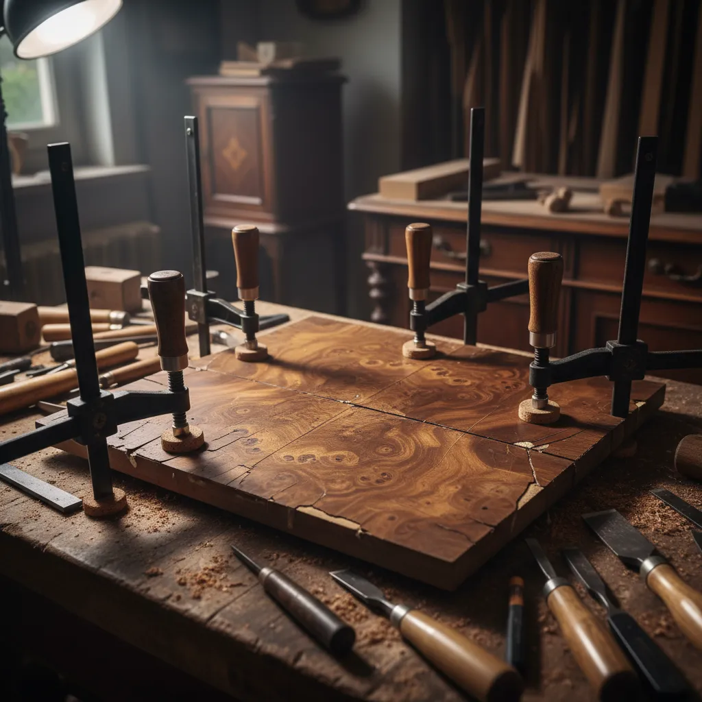clamping loose veneer on antique cabinet during repair