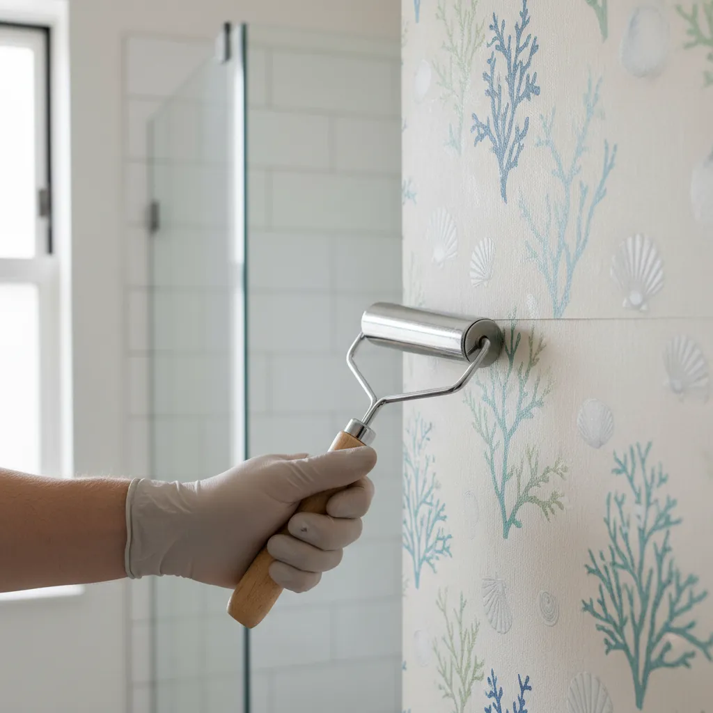 Hand using seam roller to fix peeling bathroom wallpaper edge