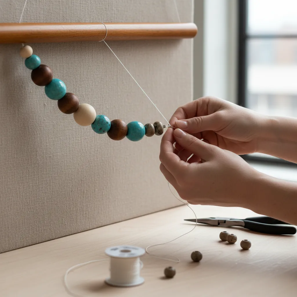 Repairing a broken strand on a beaded wall hanging decoration