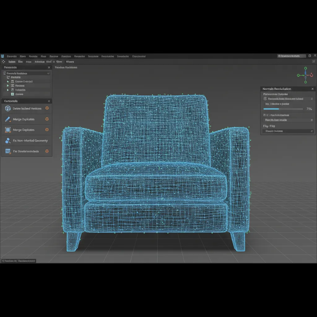 3D modeling software displaying mesh topology cleanup and normal correction tools