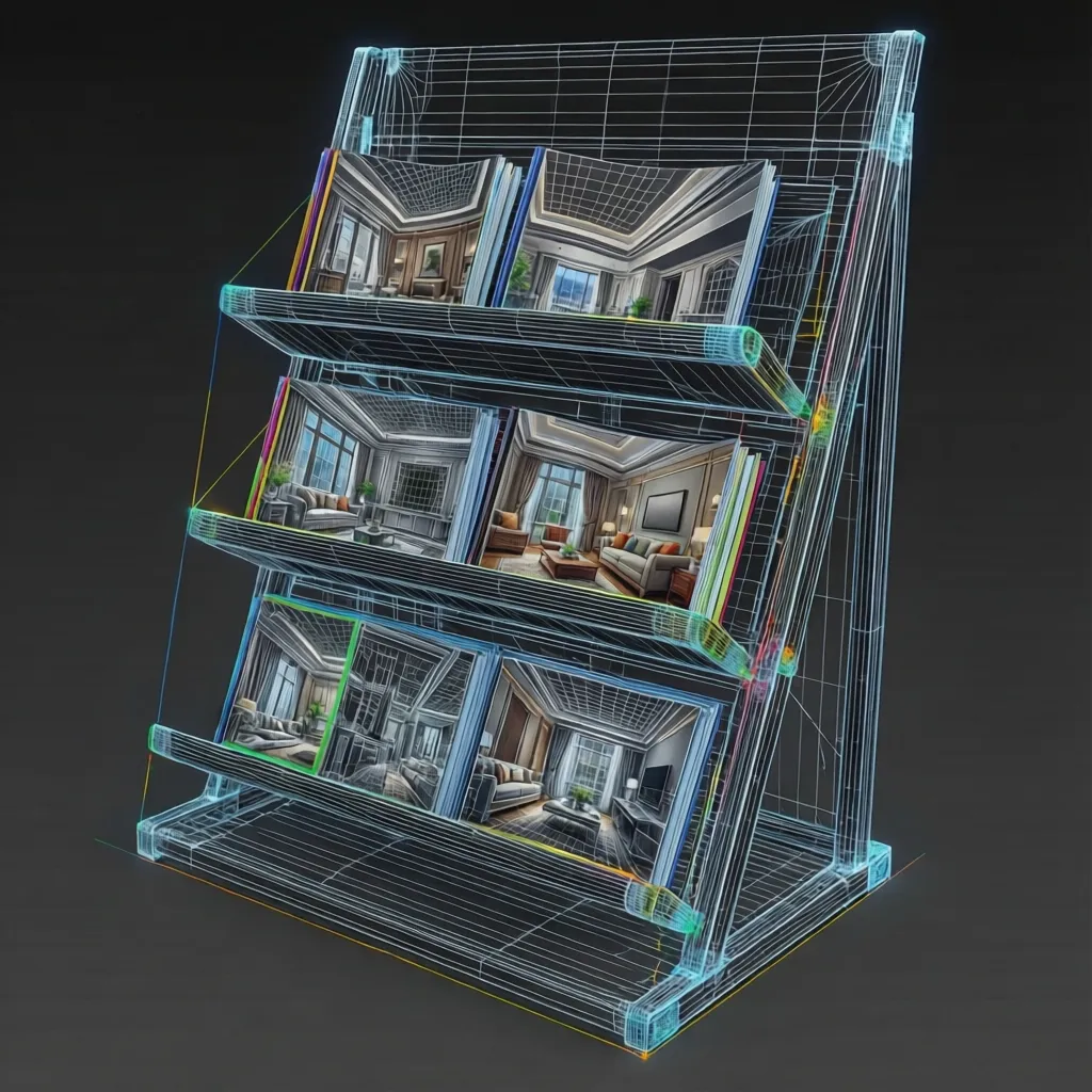 Wireframe view showing mesh repair process on brochure stand 3D model