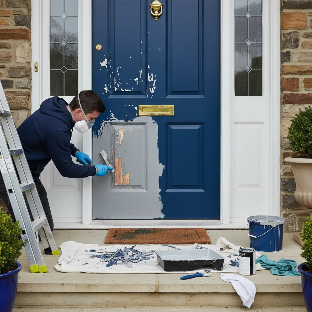 Repairing bubbling paint on a residential front door with scraper and primer