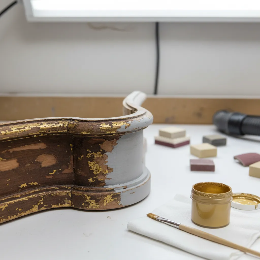 close-up of chipped gold painted furniture being repaired with primer and paint
