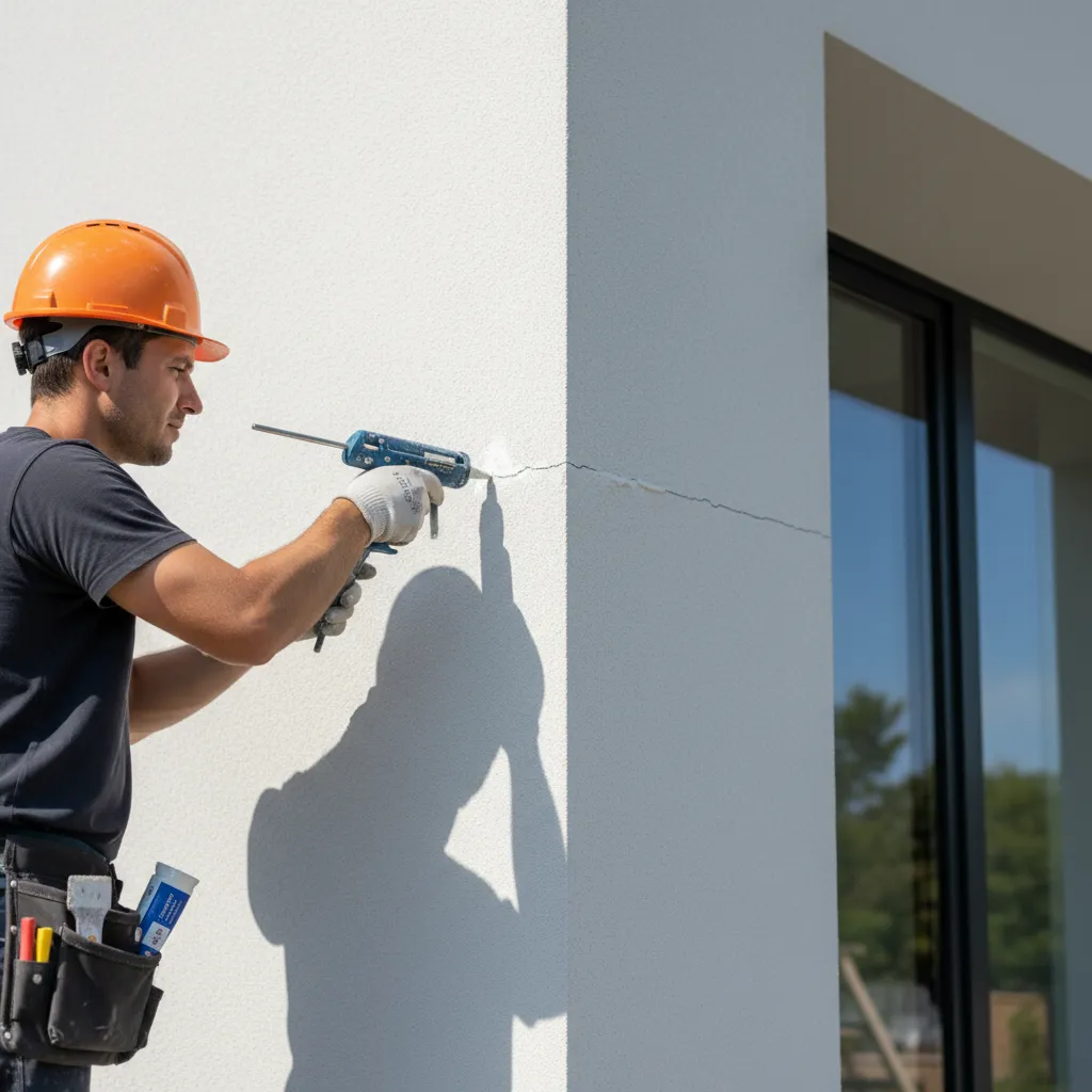 worker repairing crack in modern stucco exterior wall