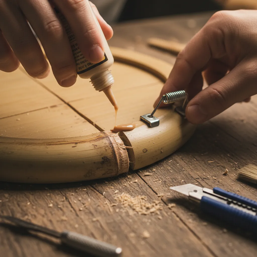 repairing cracked bamboo wall art using wood glue and clamp