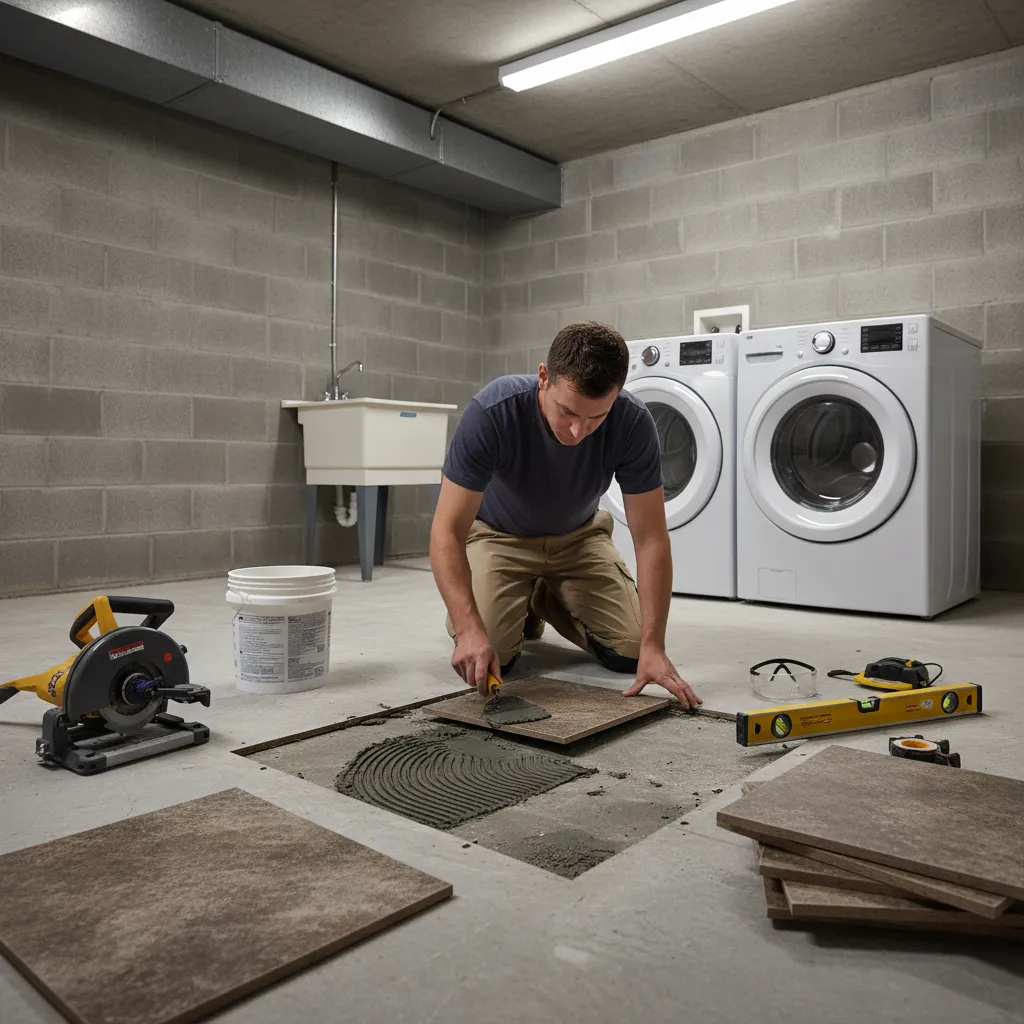 Repairing cracked tile flooring in basement laundry room