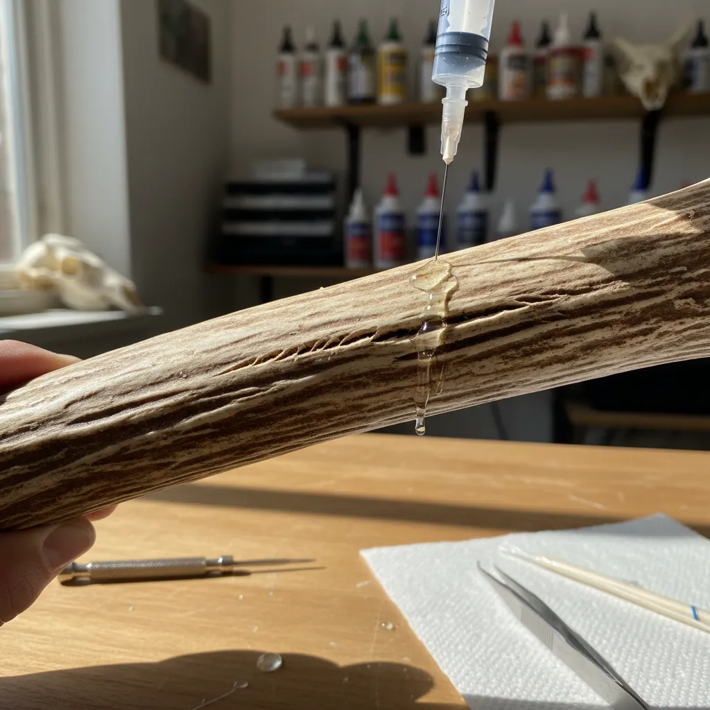 Repair process applying epoxy to cracked decorative elk antler
