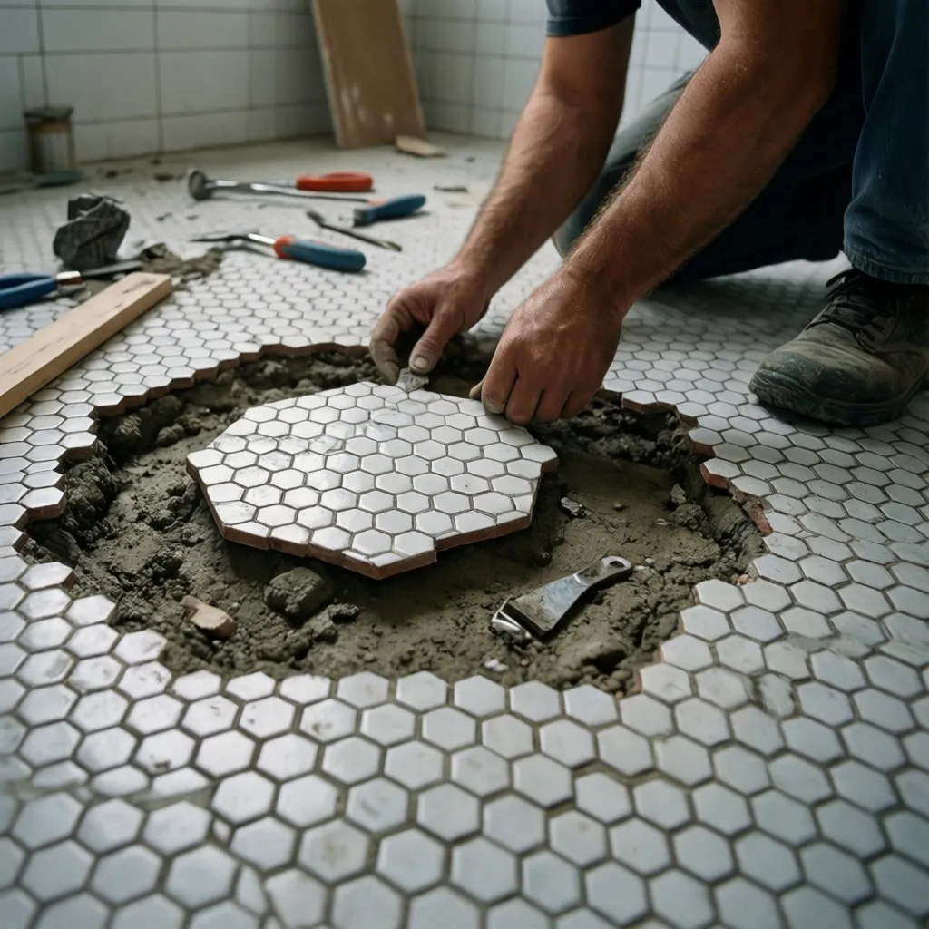 Contractor repairing cracked hex tile in vintage bathroom floor