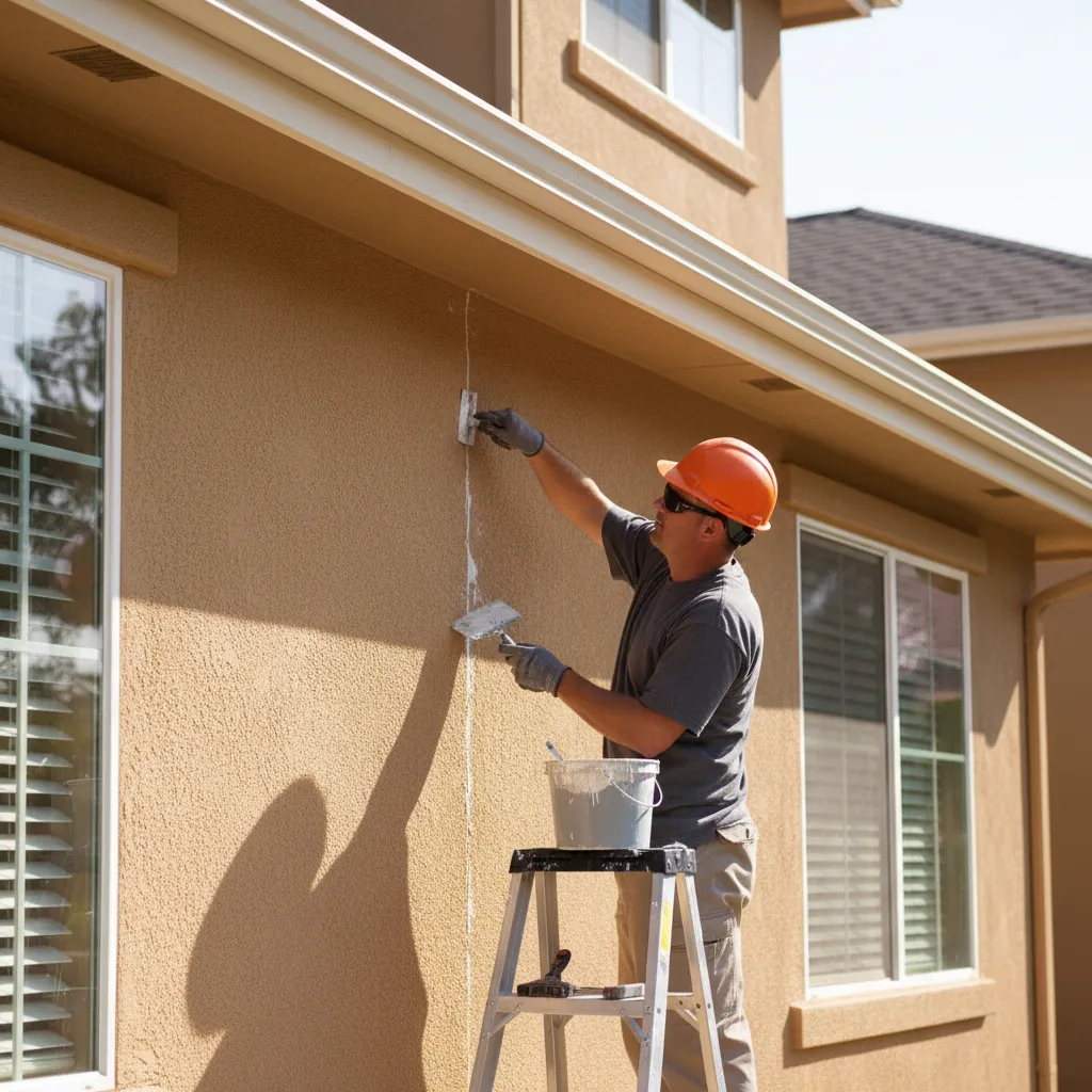 Worker repairing cracked stucco before repainting exterior wall
