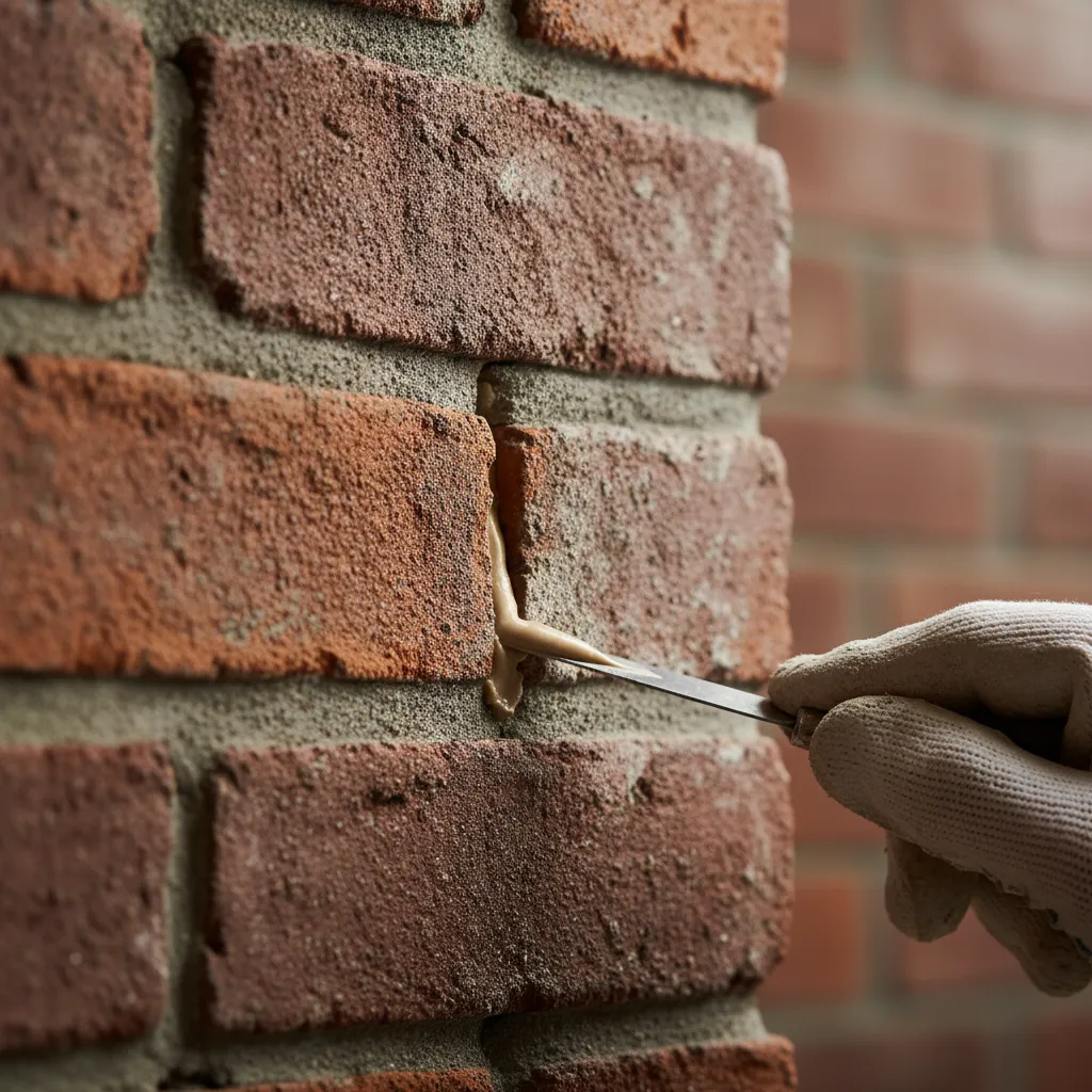 close-up of repairing mortar crack in interior brick wall