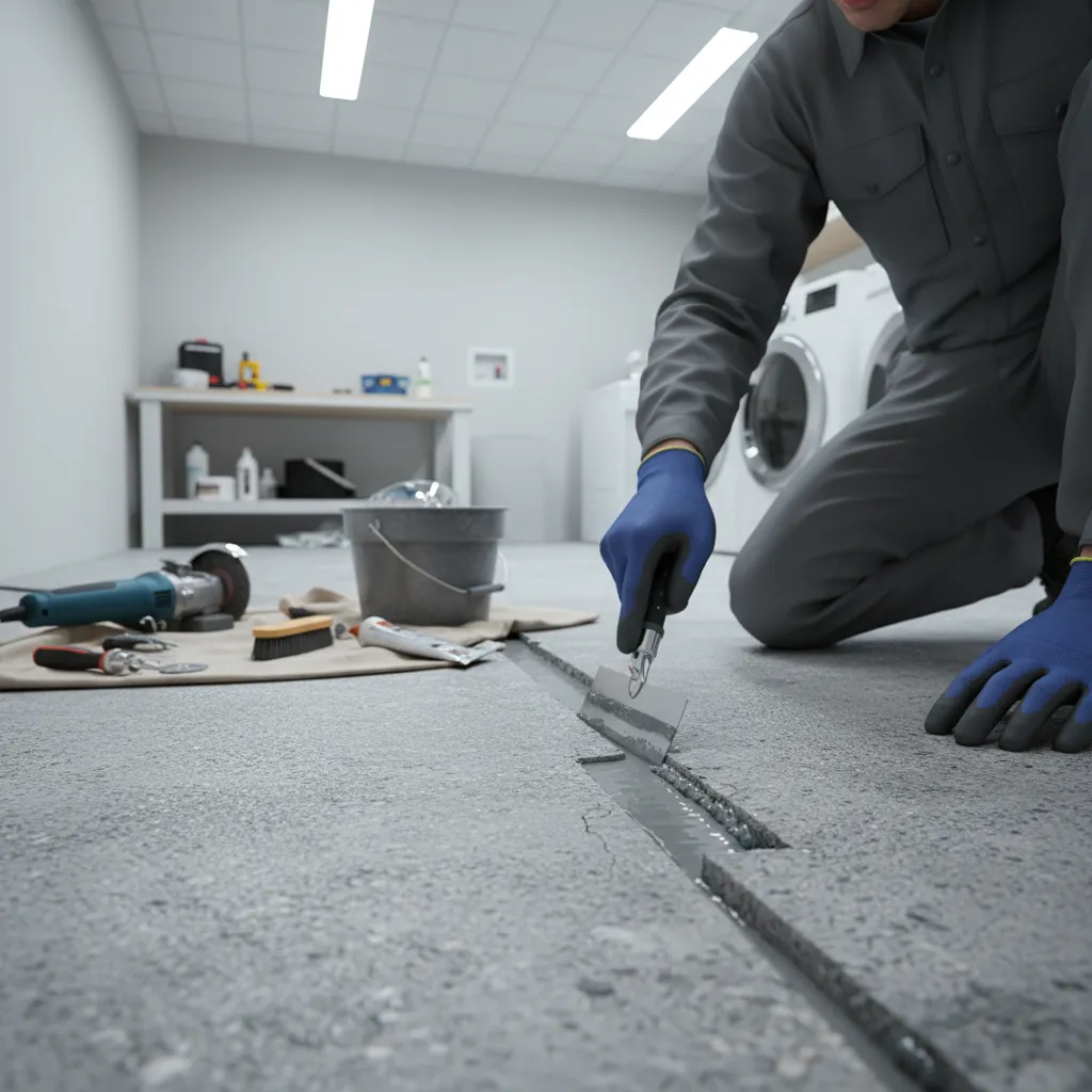 Applying crack filler to repair damaged concrete floor before painting