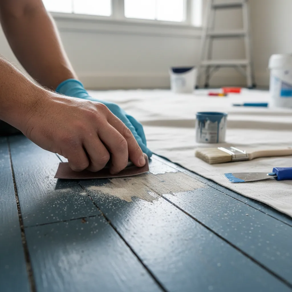 Hand sanding a small damaged area on painted floor before touch-up
