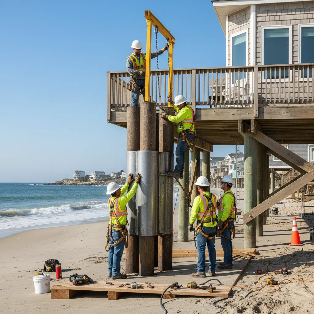 contractors repairing beach house piling with steel jacket reinforcement