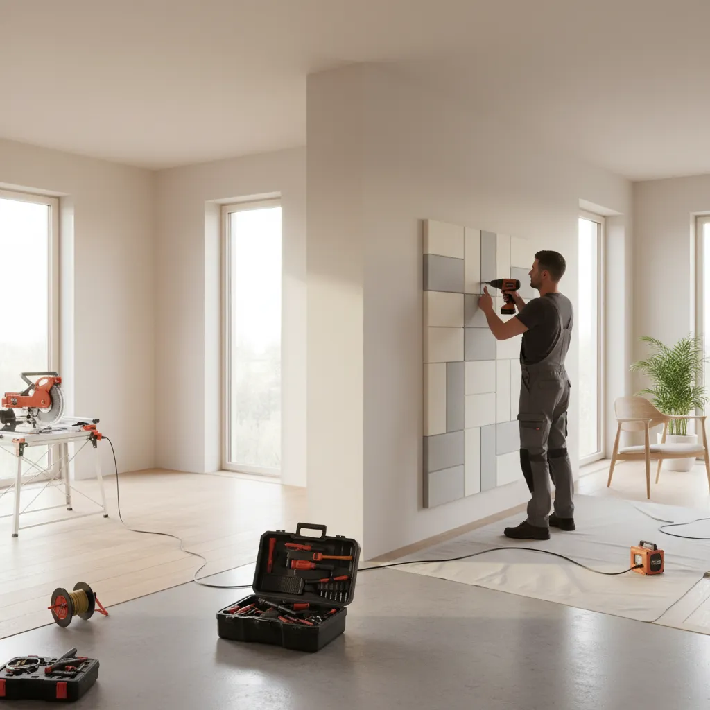Technician repairing decorative insulated wall panel in interior renovation