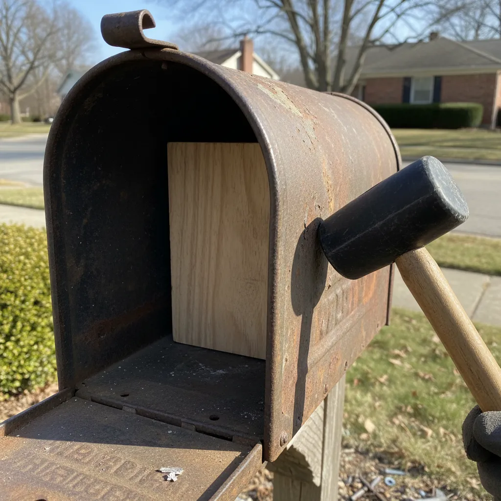 repairing dent inside an iron mailbox with rubber mallet