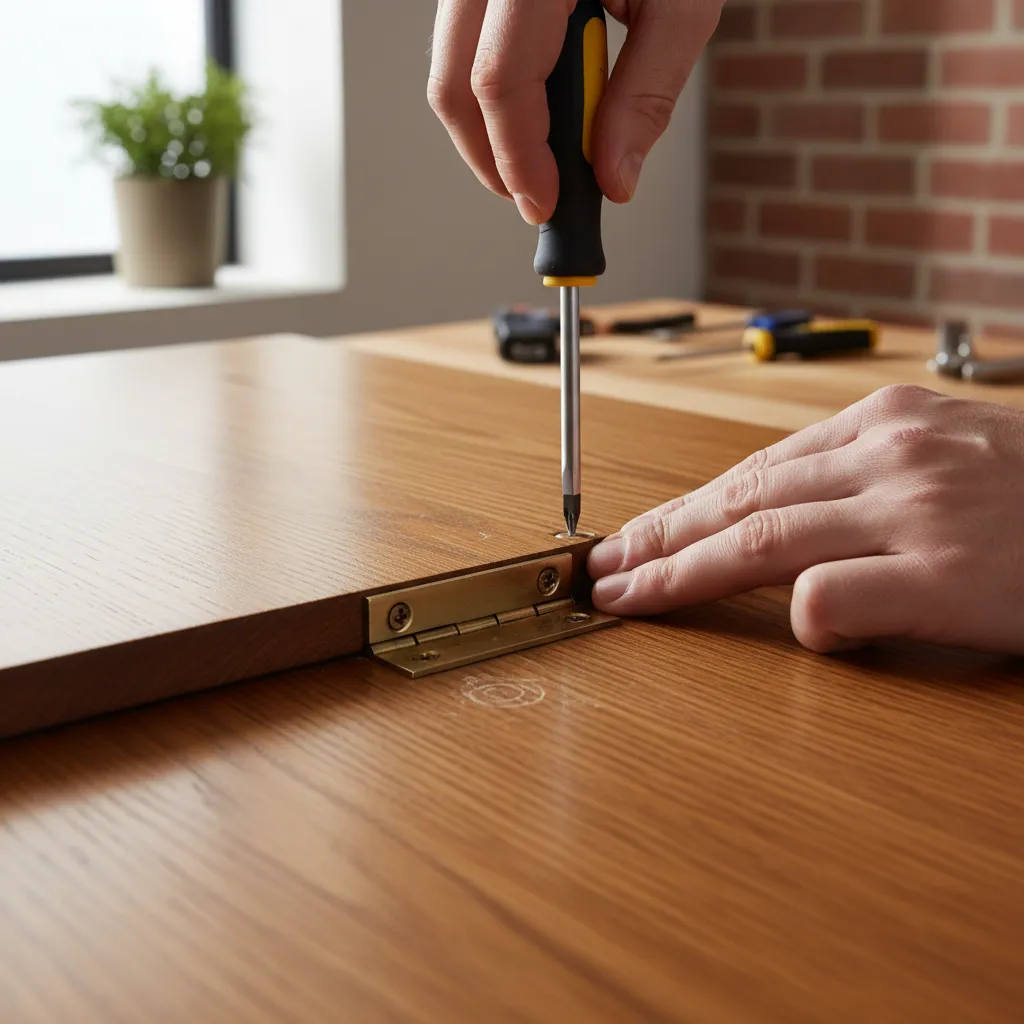 close-up of repairing hinge on drop leaf table with screwdriver