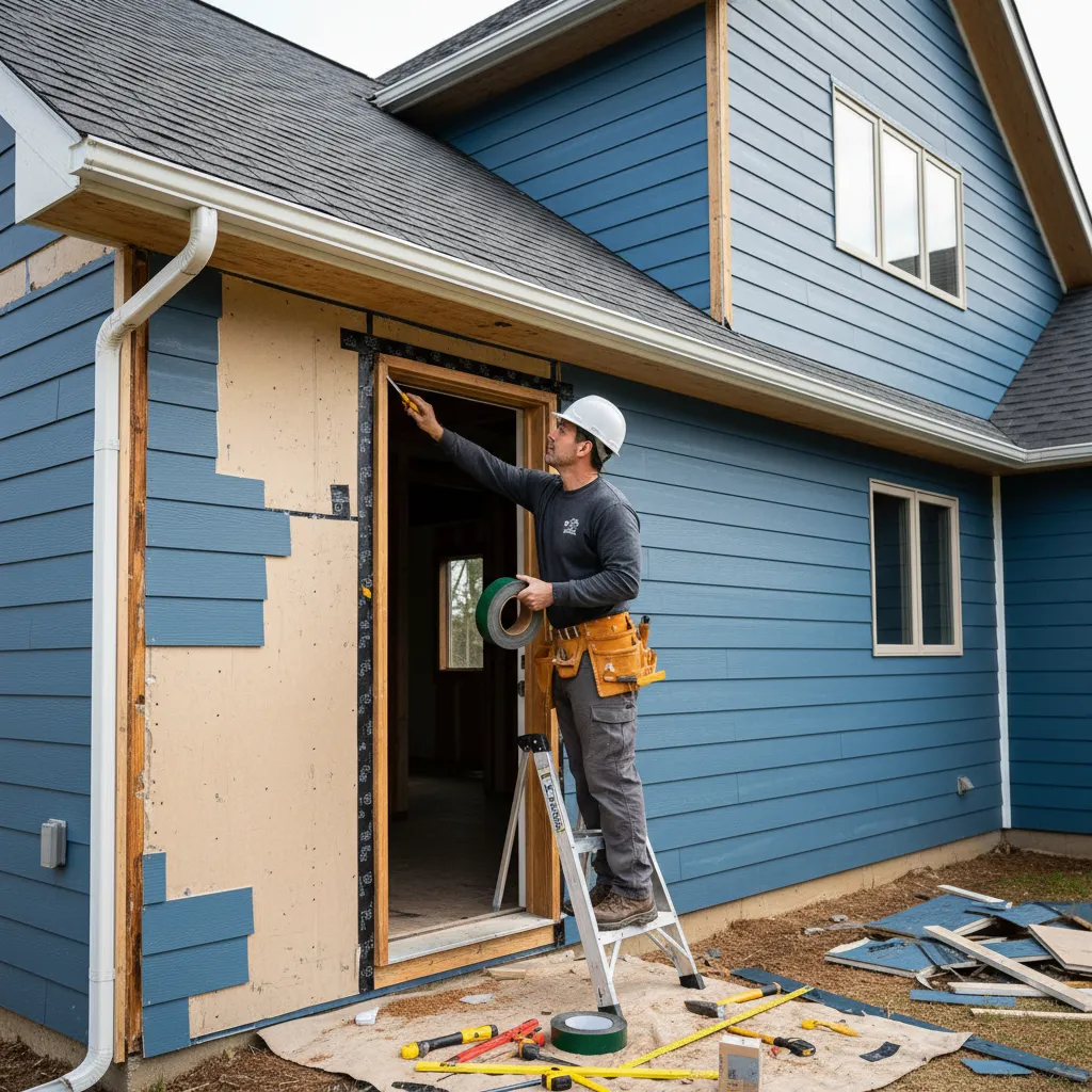 Contractor reinstalling flashing tape around an exterior door opening