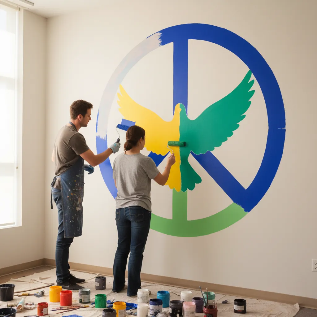 Repainting faded section of peace wall mural with fresh paint