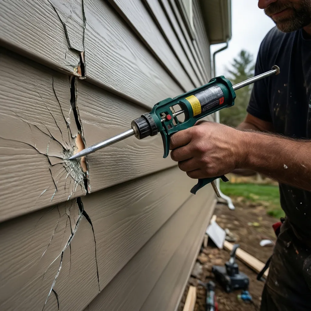 Repairing cracked vinyl garage siding with sealant