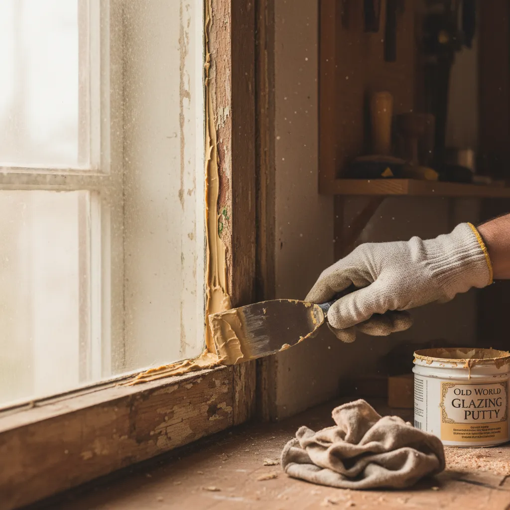 Applying glazing compound to stabilize glass pane in old wooden window