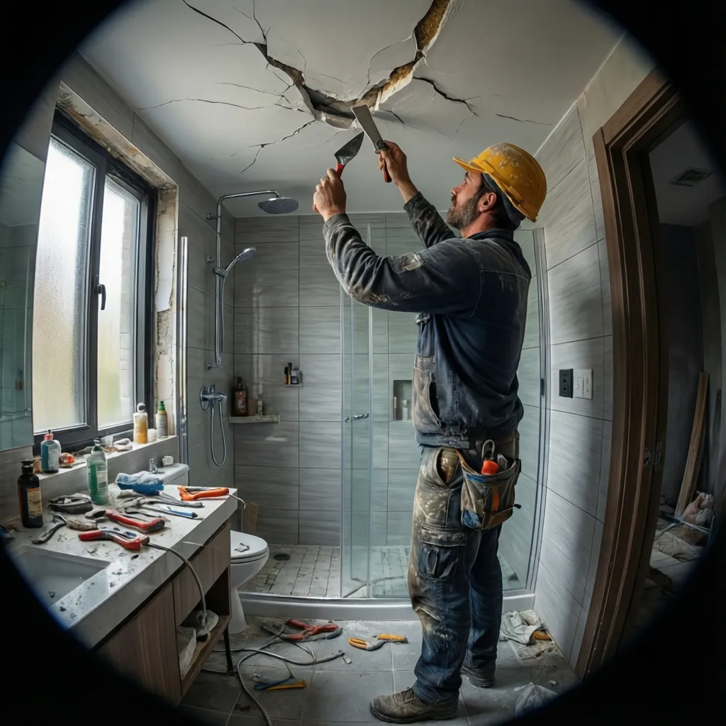 Contractor repairing crack in bathroom gypsum false ceiling with joint compound