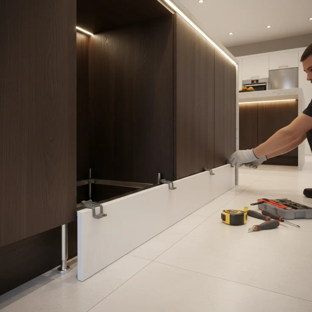 installing cabinet toe kick panel with clips under kitchen cabinets