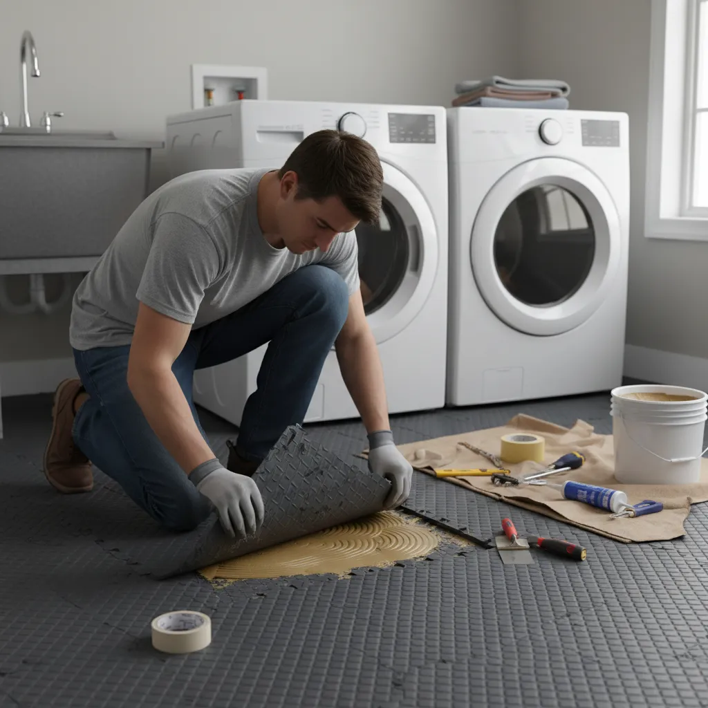 Installer repairing curling rubber floor tile edge with adhesive