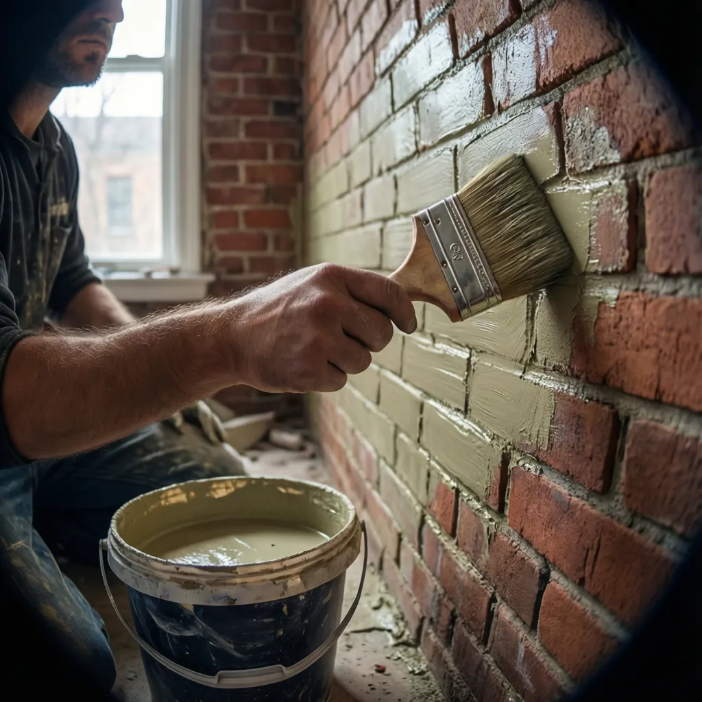 Applying limewash with masonry brush to repair brick wall finish