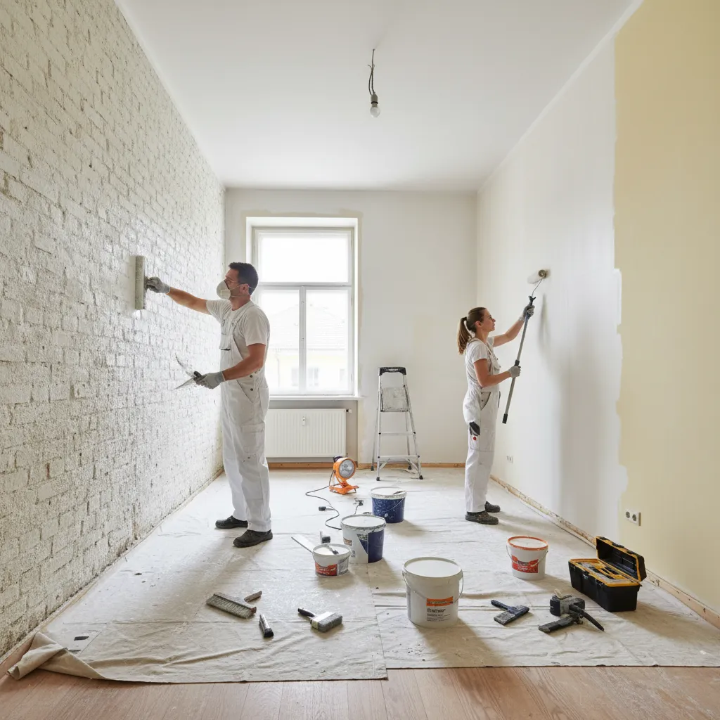 Worker cleaning and priming limewash wall before repainting