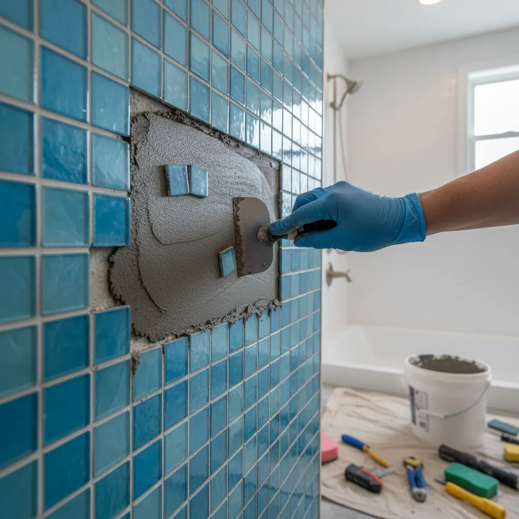 repair process fixing loose mosaic tiles in shower